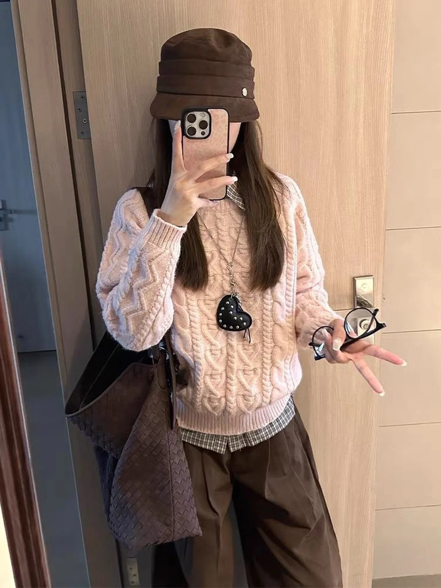Pink Twisted Thickened round Neck Sweater Women's Autumn Winter Loose Knitted Soft Cozy Long Sleeve Casual Style Comfortable Top