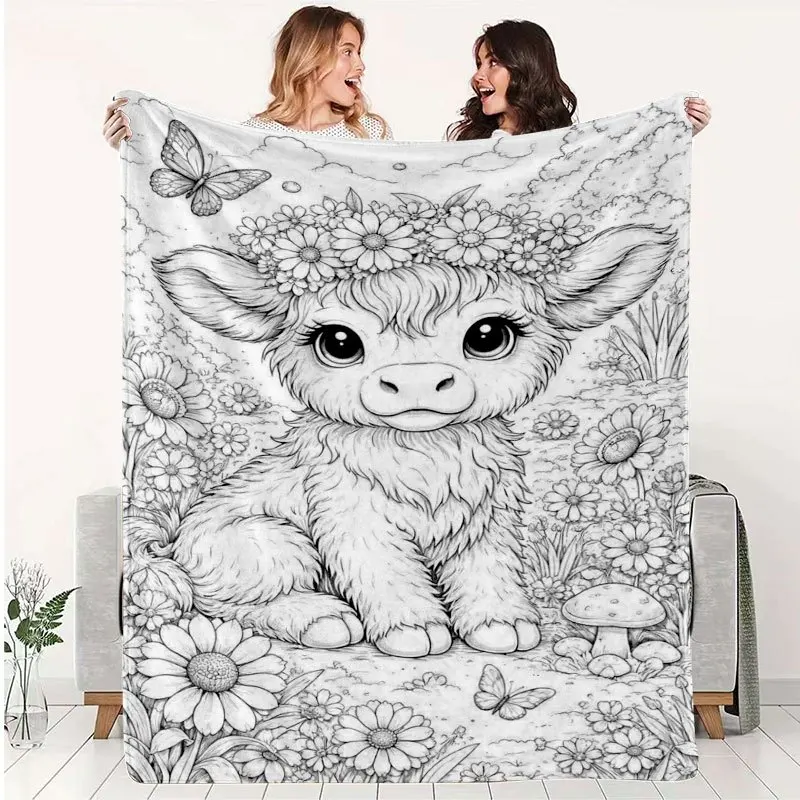 1pc Christmas and Halloween Printed Flannel Blanket, Soft and Skin-Friendly All-Season Blanket with Cute Highland Cow Coloring S