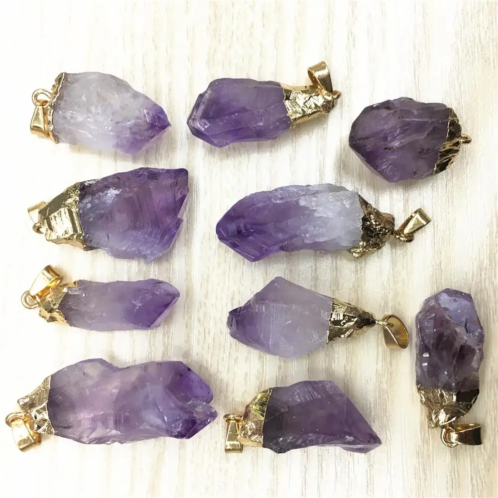 New Hot Fashion Natural Stone Pendant&Necklace Raw Ore Amethysts Purple Crystal Stone Reiki Pendants 6pcs Wholesale Gold Plating
