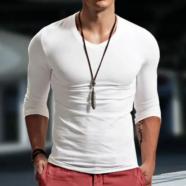 

Street Photo Magazine Outfit 2024 New Men's Spring Casual Tropical V-Neck Solid Color Long Sleeved T-Shirt WB21