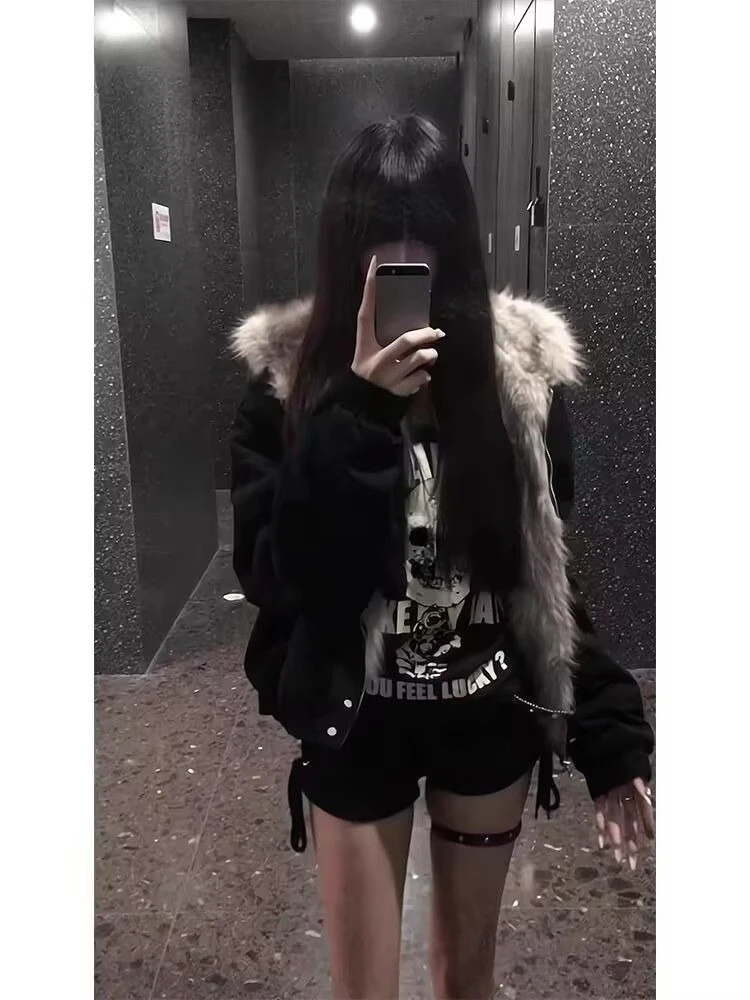 الأمريكية خمر أبلى سستة فو الفراء كم طويل لون نقي موضة جيب ثقافة فرعية لصق مقنعين Woamn 2025 الخريف