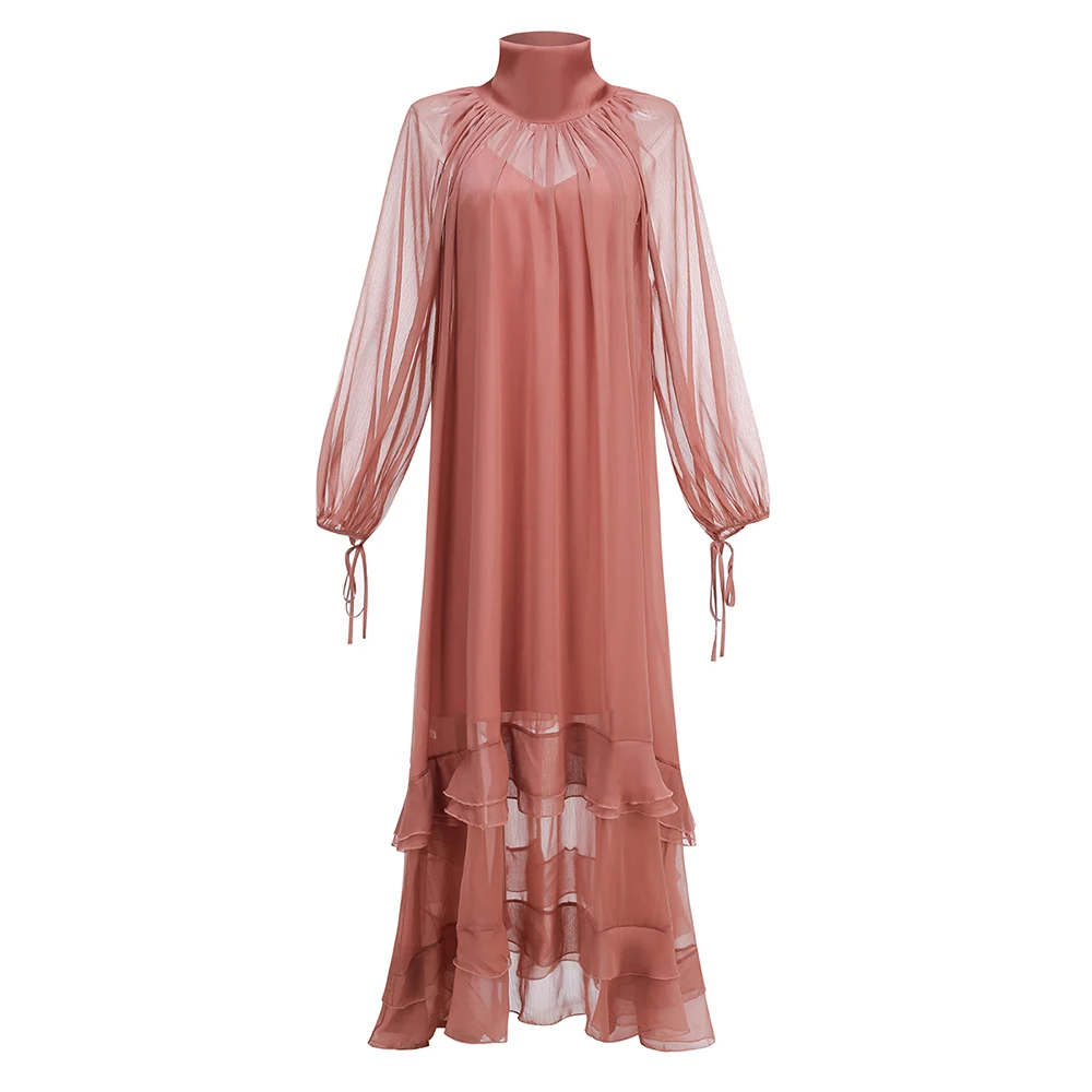 Women's Casual Crew Neck Long Sleeve Sheer Mesh Ruffle Layer Flowy Maxi Dresses Elegant Birthday Party Resort Dress Evening Gown