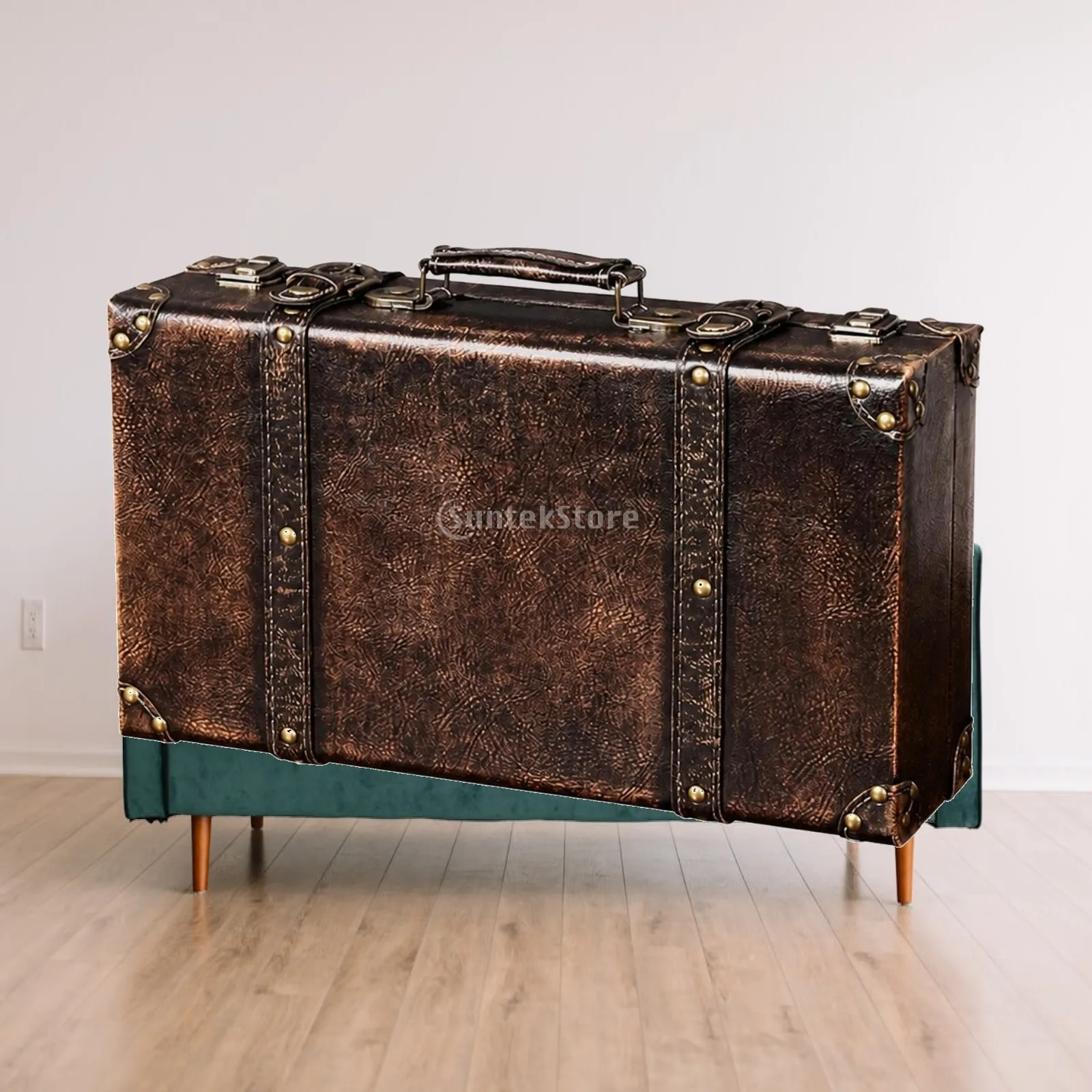 Portable Wooden Storage Trunk with Hinged Lid Sturdy Vintage-Style Latching Storage Case Wood Crate with Faux Leather Straps