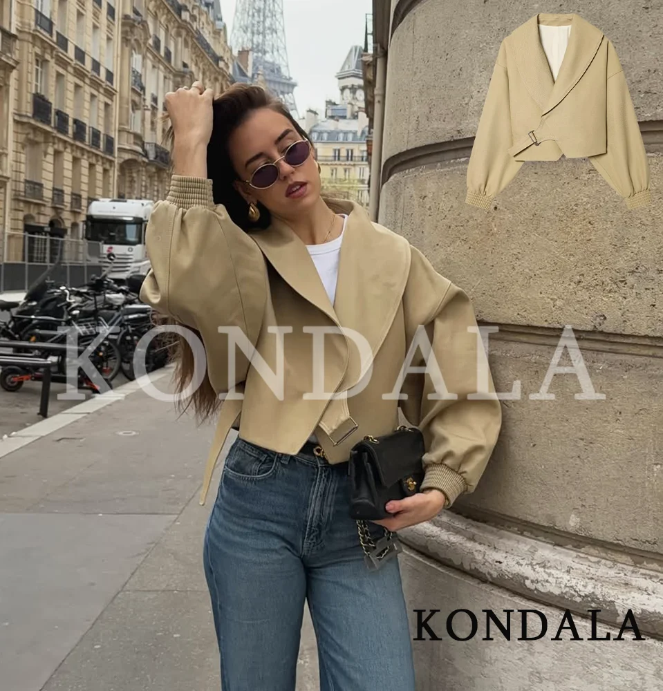 KONDALA Veste Courte Femme Urbaine Chic et Décontractée avec Ceinture, Style High Street, Élégante e