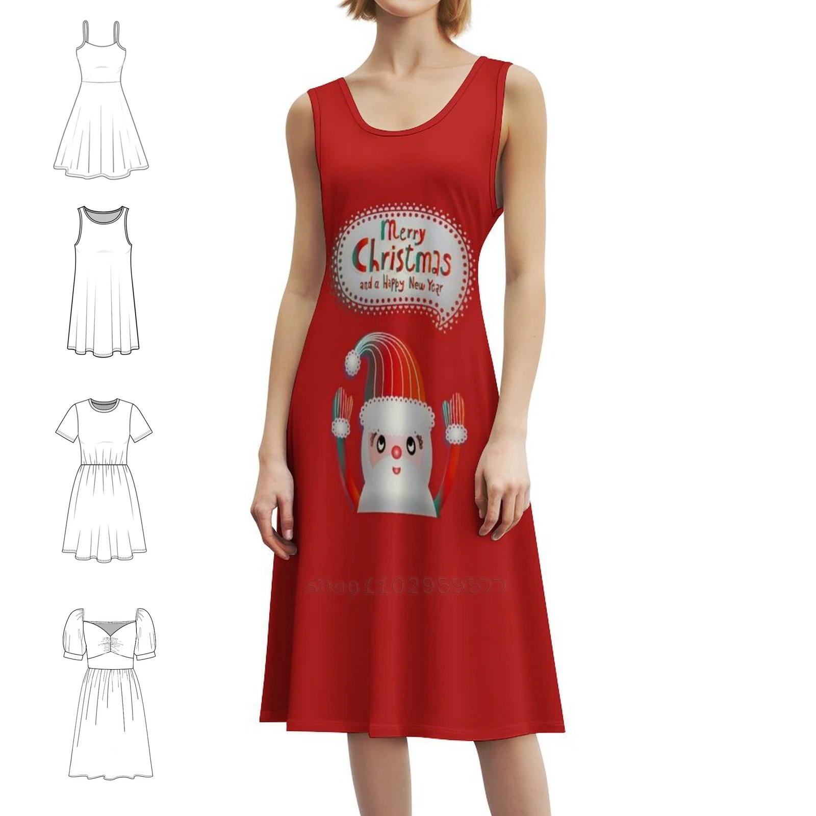 سانتا عيد ميلاد سعيد ورأس السنة الجديدة السعيدة فستان حفلة أنيق للنساء فستان على شكل حرف a مع خيارات قصيرة/طويلة/بدون أكمام سانتا #1