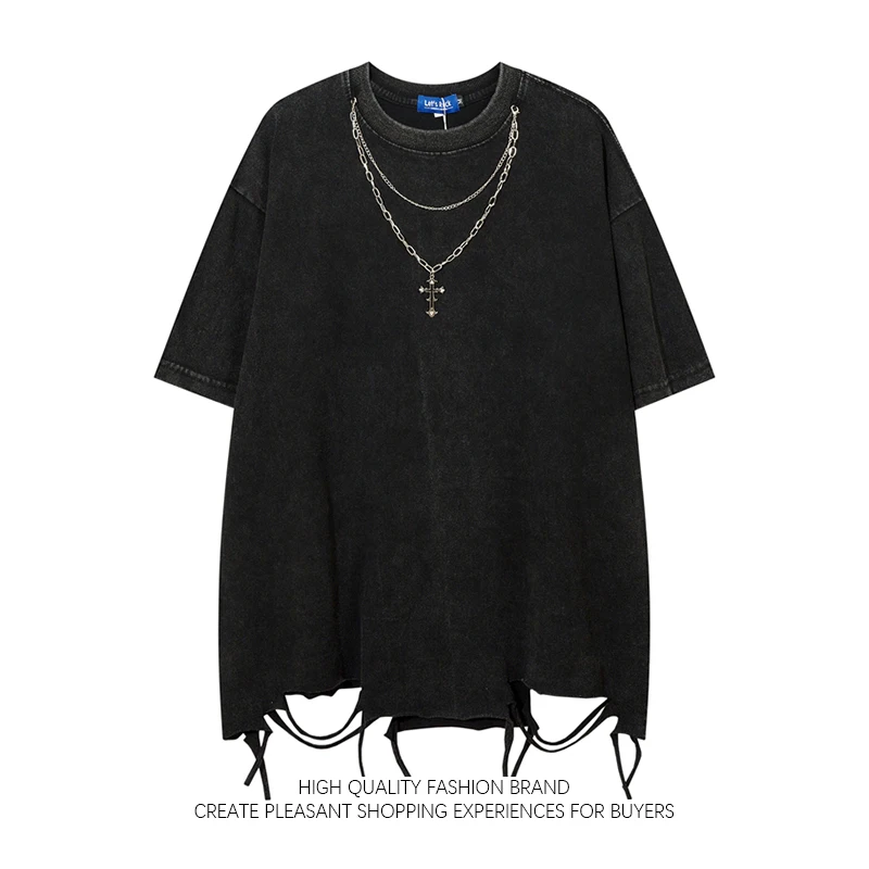 

High Street Vintage Worn T-shirt Dark Black Punk Hem Broken Hole Tees Unisex Gothic Necklace Loose Underlay Short Sleeve T-shirt