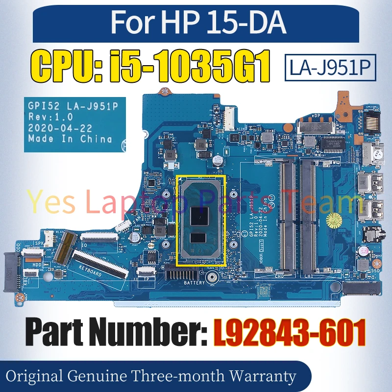 GPI52 LA-J951P For HP 250 G7 15T-DA 15-DA Laptop Mainboard L92843-601 SRGKG i5-1035G1 Notebook Motherboard 100％ Tested image 2
