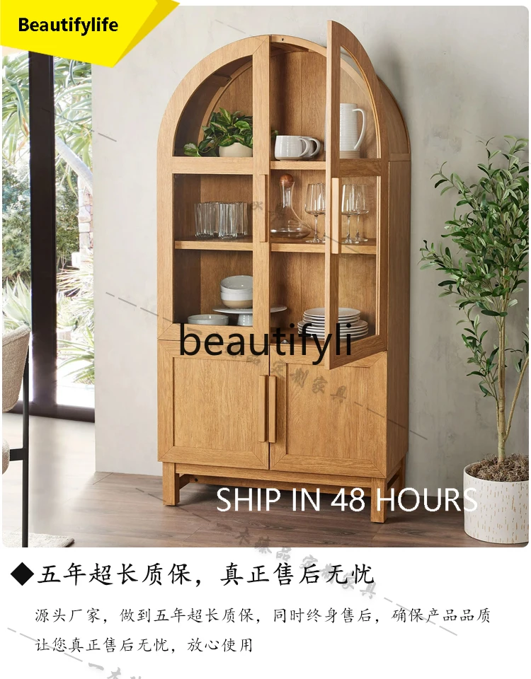 

6239 French Retro Solid Wood Bookshelf Natural Wood Color Display Storage Cabinet Light Luxury Arched Wine Cabinet