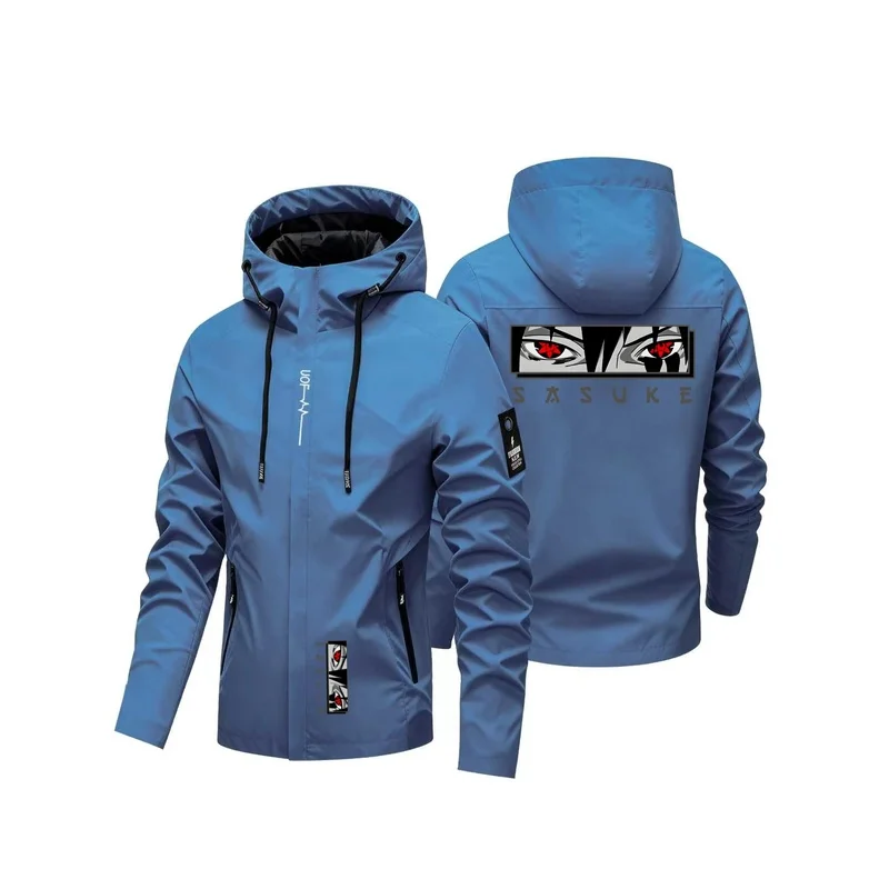 Men Anime Eyes Graphic Hooded Jacket  Windproof Outdoor Windbreaker  Casual Zip Coat for Hiking Daily Travel
