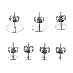 100pcs 316L Stainless Steel Earring Studs with Earring Plug Ear Back DIY Ear Blank Post Pins Flat Round Tray Base Ear DIY