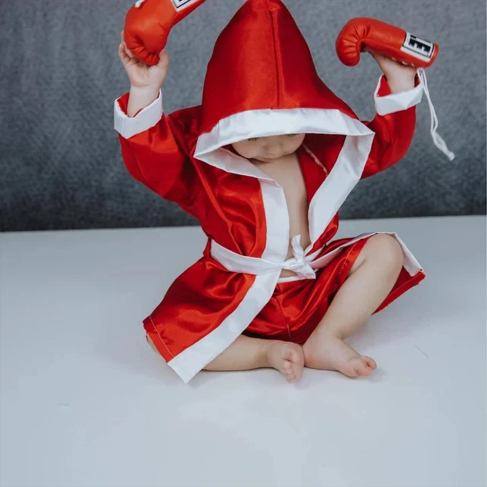 Robe de boxe com luvas e shorts para bebê recém-nascido, boxer, fotografia adereços para o aniversário do bebê Photoshoot