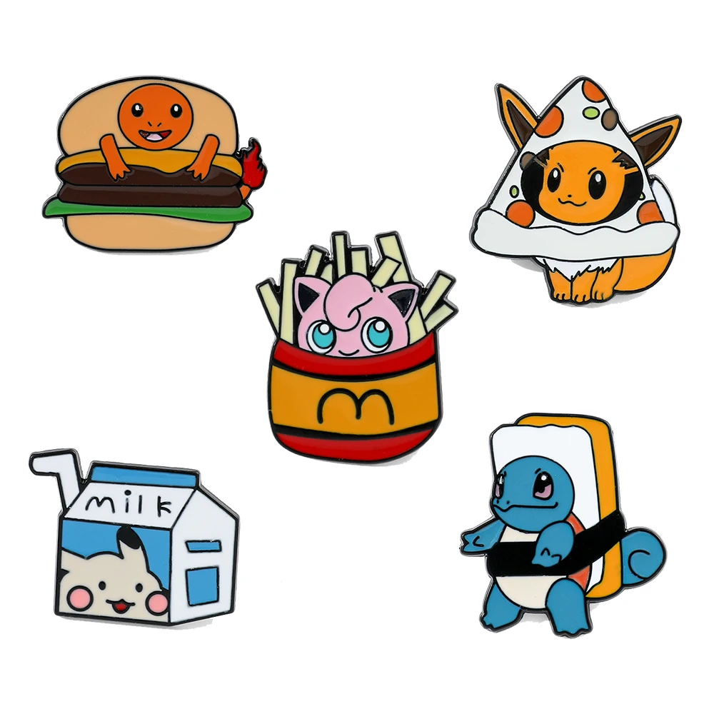 New Fast Food  Enamel Pins Kawaii Charmander Eevee Pikachu Squirtle Metal Brooch for Jacket Pin for Fans Gift Accessories