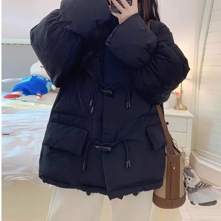 Cotton Padded Women\'s 2024 Winter New Korean Style Milk Puff Loose Cotton Coat Student Cow Horn Button Cotton Jacket Jacket