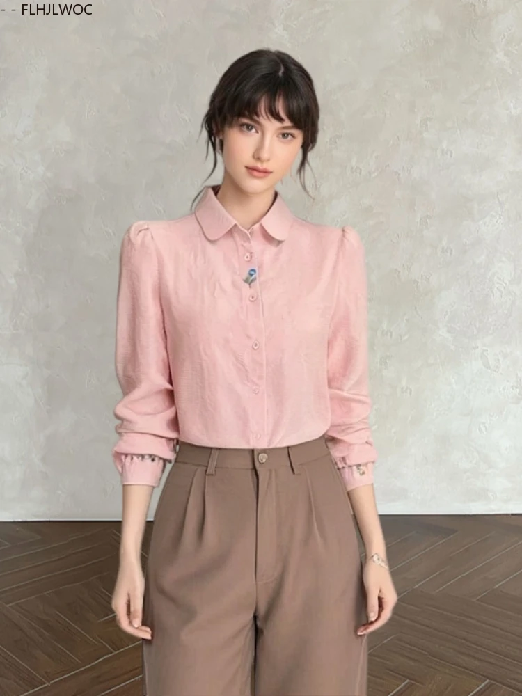 Blusas bordadas de algodão, blusas fofas para meninas, estilo preppy, retrô, vintage, gola peter pan, sólido, azul, rosa, branco, camisas básicas