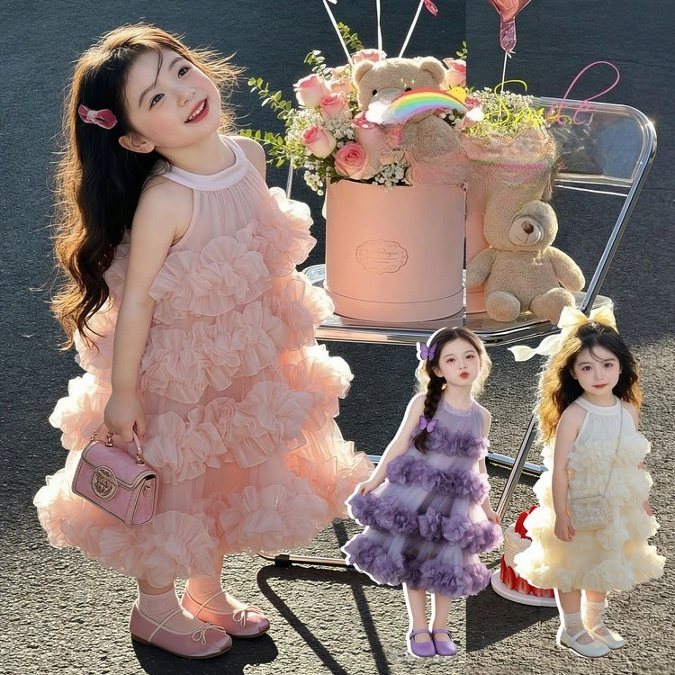 2026 kids clothes Four story lace skirt