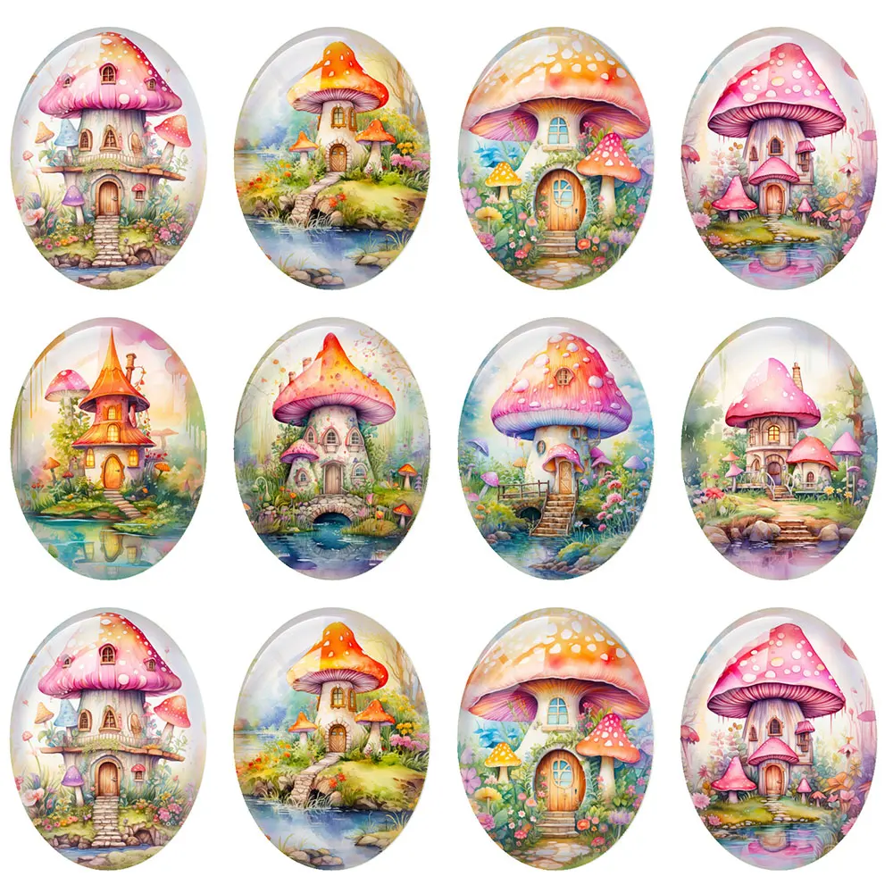 

10pcs/lot Fairy Mushroom House Secret Oval Photo Glass Cabochon Flatback Demo Flat Back Cameo For Diy Jewelry Making Supplies