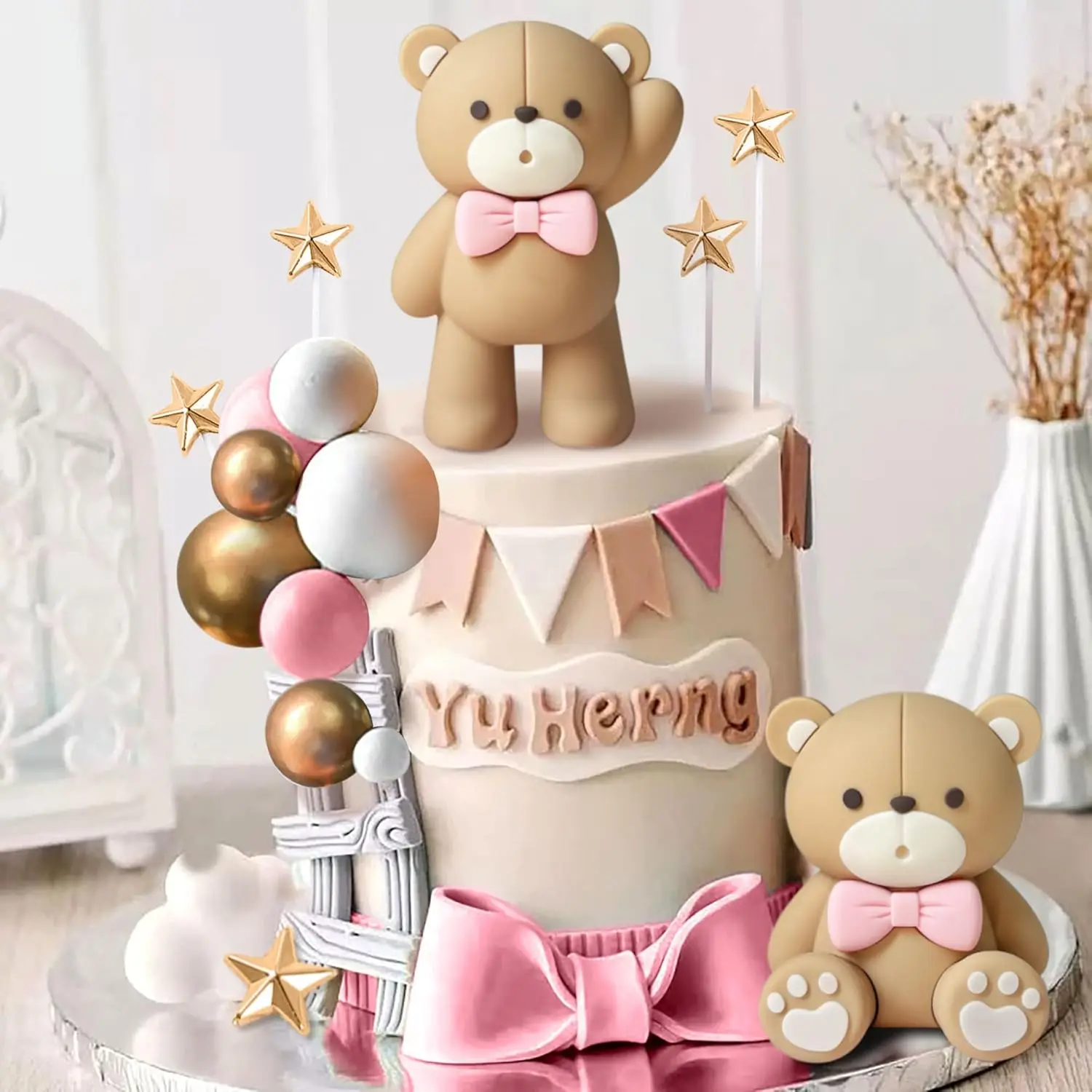 Beige Brauner Bär Kuchendekoration Beige Braune Kugeln Kuchenaufsatz Boho Bären Kuchenaufsatz Baby Shower Geburtstagstorten-Deko – Detail 10