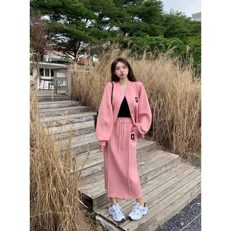 Casual Plus Size Women Baseball Jacket Set Loose High Waist Split Straight Midi Skirt Two Piece Outfit Spring Autumn Daily Wear view 4