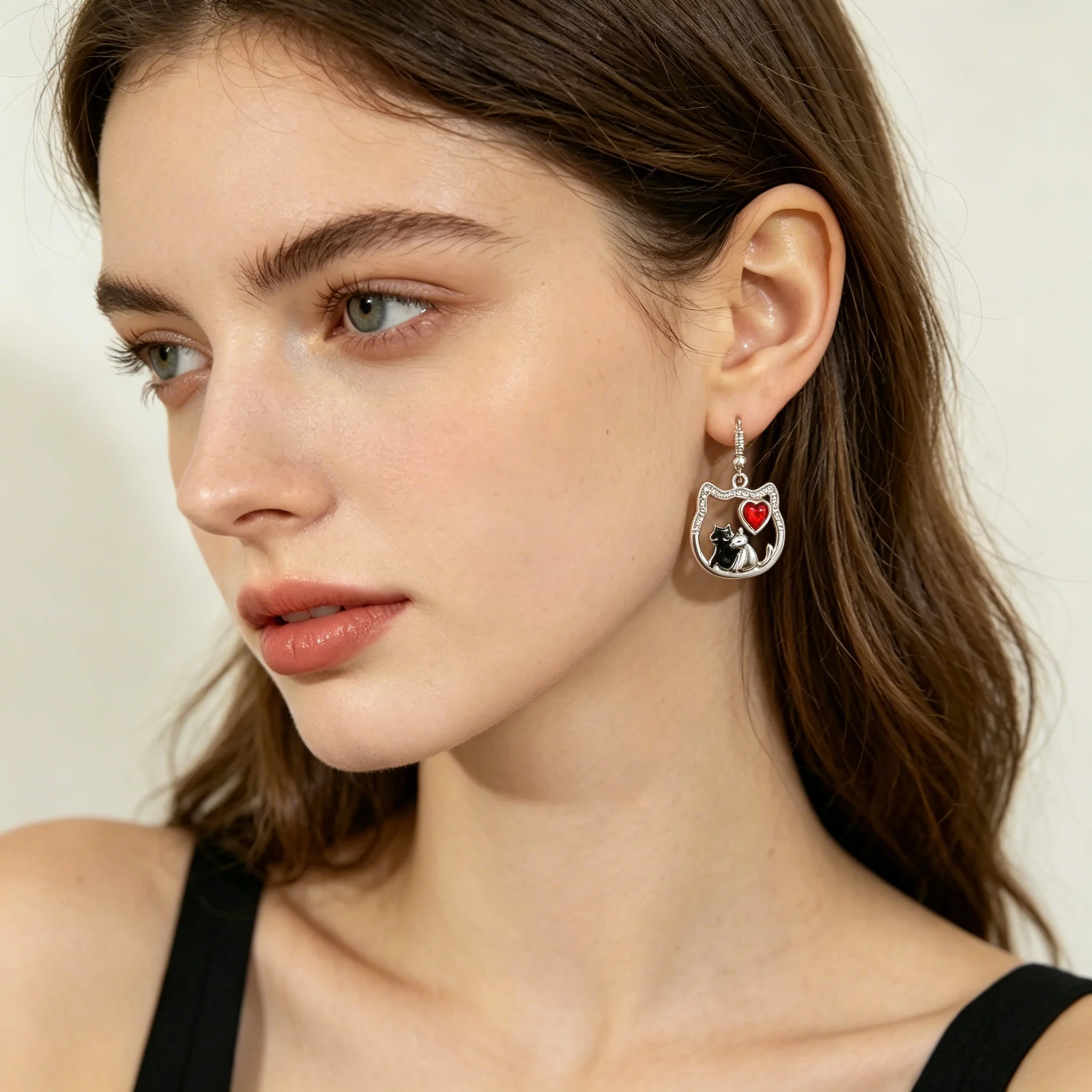 Black White Cat Dangle Earrings Silver Tone Red Heart Accent Pet Jewelry for Women Cat Lovers Gift view 6
