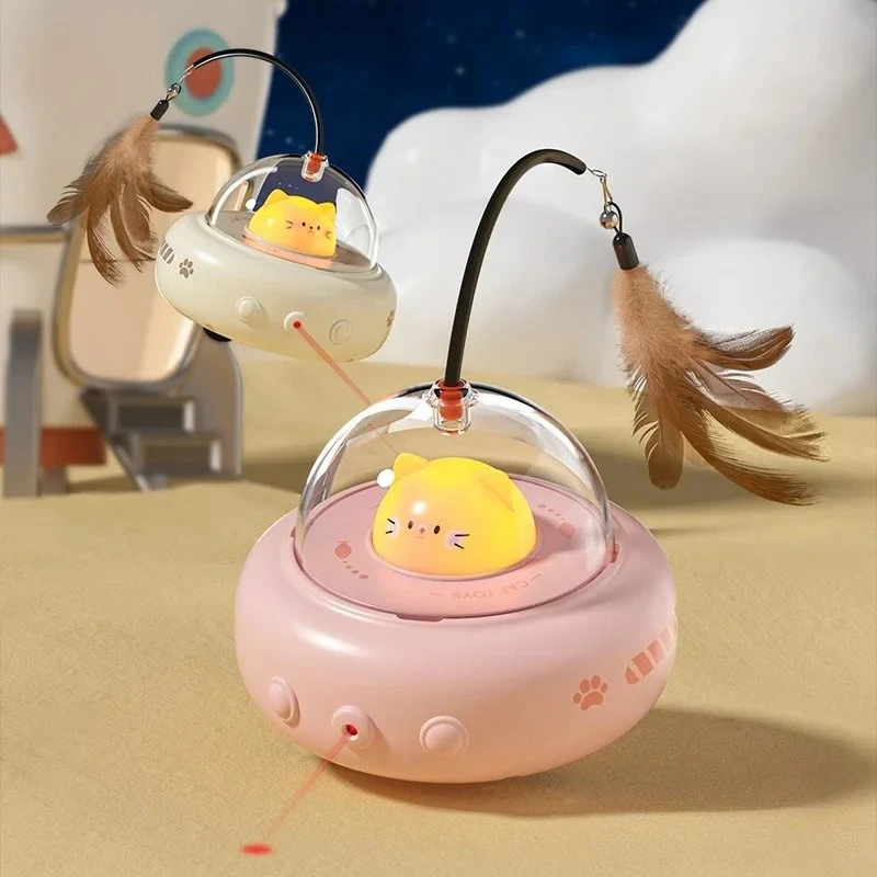 Varinha Interativa para Gatos Estilo UFO Elétrica Inteligente com Sino e Pena Substituível, Brinquedo de Treinamento, Suprimentos para Gatos