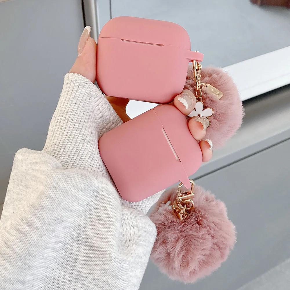 Winter Sand Powder Hair Ball Plush Fur Pendant Earphone Case For AirPods 4 ANC AirPod 1 2 3 Pro Pink Silicone  Protective Cover