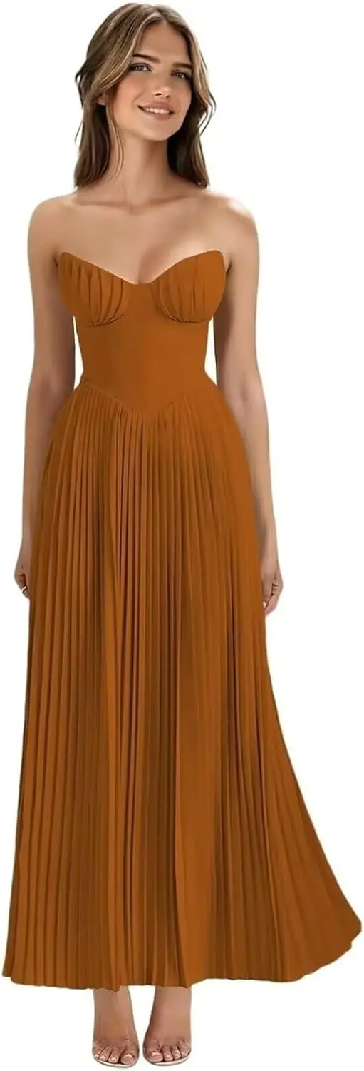 فساتين وصيفة الشرف بدون حمالات على شكل حرف A مطوي من الشيفون فساتين سهرة رسمية طويلة على شكل قلب مشد للحفلات الراقصة فستان أخضر طويل