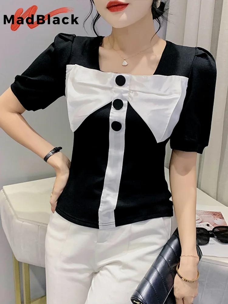 

MadBlack Summer Bowtie Tshirts Women's Square Collar Short Sleeves Button Slim Tops New Casual Female Korean Tees T33233Z