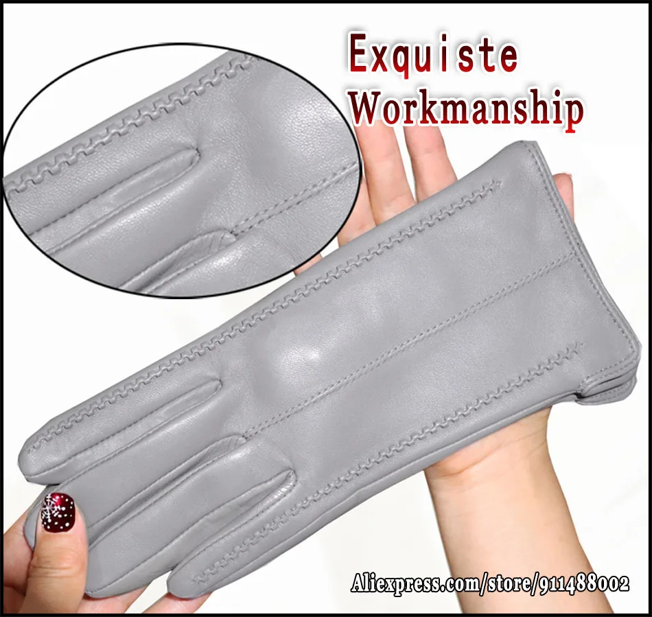 Leather gloves women's sheepskin flannel lining winter warmth high-grade black touch screen color leather gloves driving new