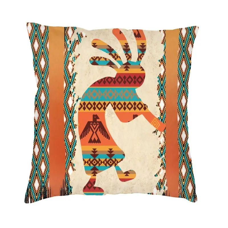 Kokopelli Square Pillow Cover Decoration Native American With Tribal Pattern Border Cushions Throw Pillow Living Room Printing