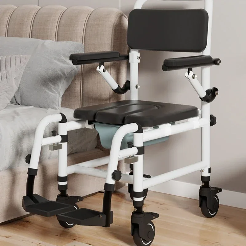 Elderly Toilet Chair With Wheels For Bathing Household Patients With Brakes Mobile Toilet Armrest Aluminum Alloy Health Care