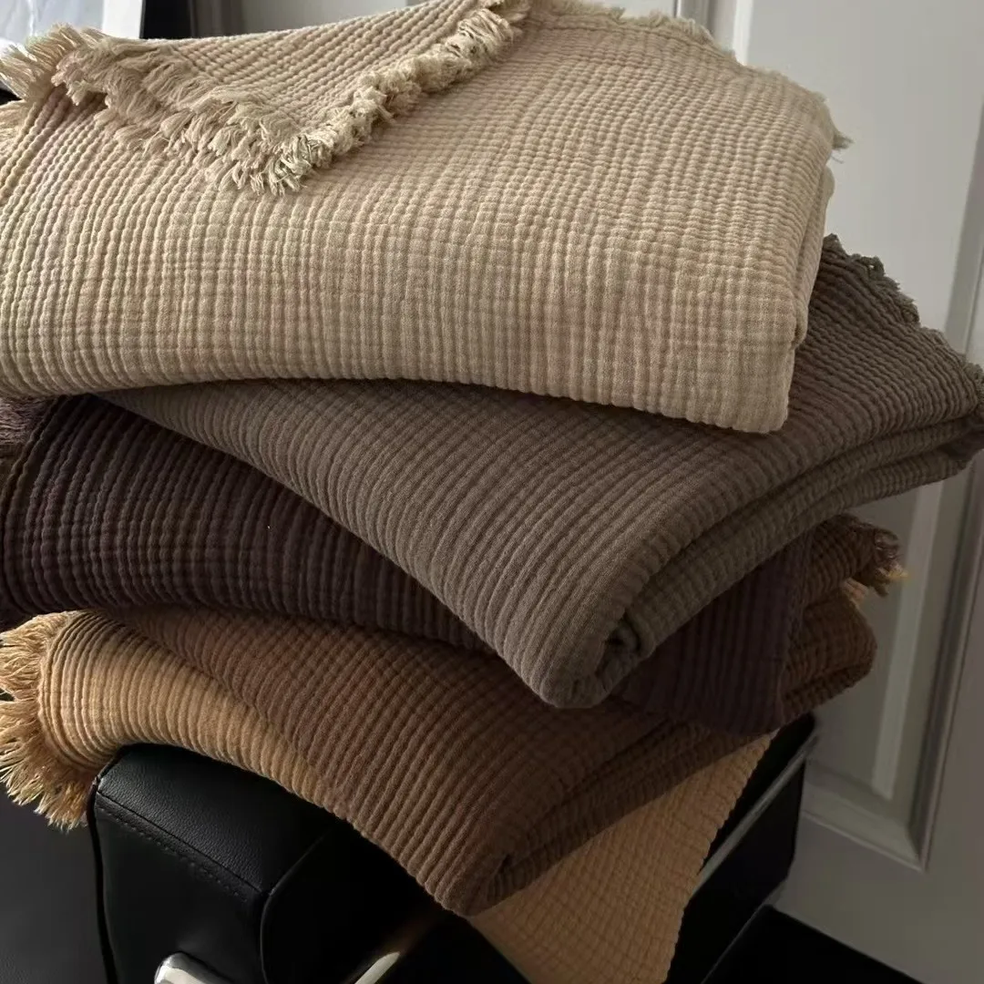 

130x170cm, 150x200cm Minimalist Fringed Blanket 4 Layer Crinkle Gauze Throw for Home