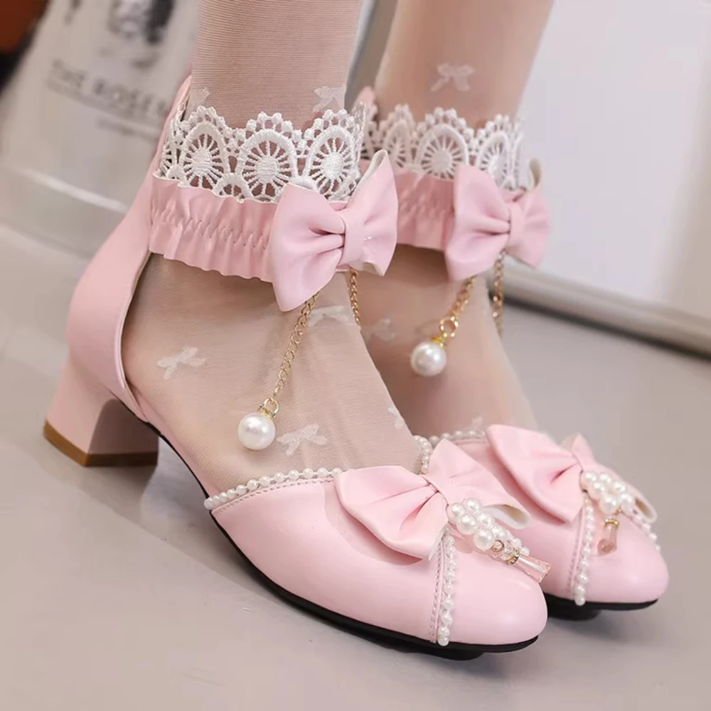 

Lolita Parent-Child Platform Sandals Sweet Lace Bow Middle Heel Pink Women Sandals Show Dancing Shoes 31-43 Size