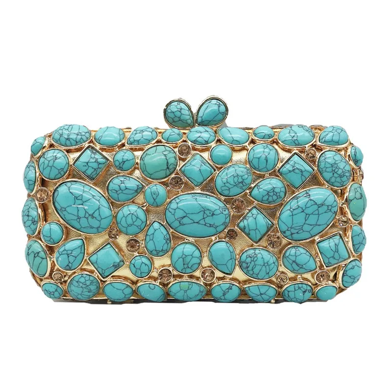 Turquoise Synthetic Agate Stone Evening Bags and Clutches for Women Formal Party Bags Party Rhinestone Handbags