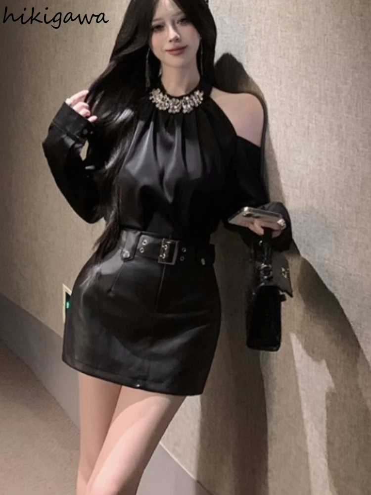 

2025 Camisas De Mujer Summer Blouses Women's Clothes Off Shoulder Long Sleeve Shirts Diamond O-neck Loose Black Blouse Sexy Tops
