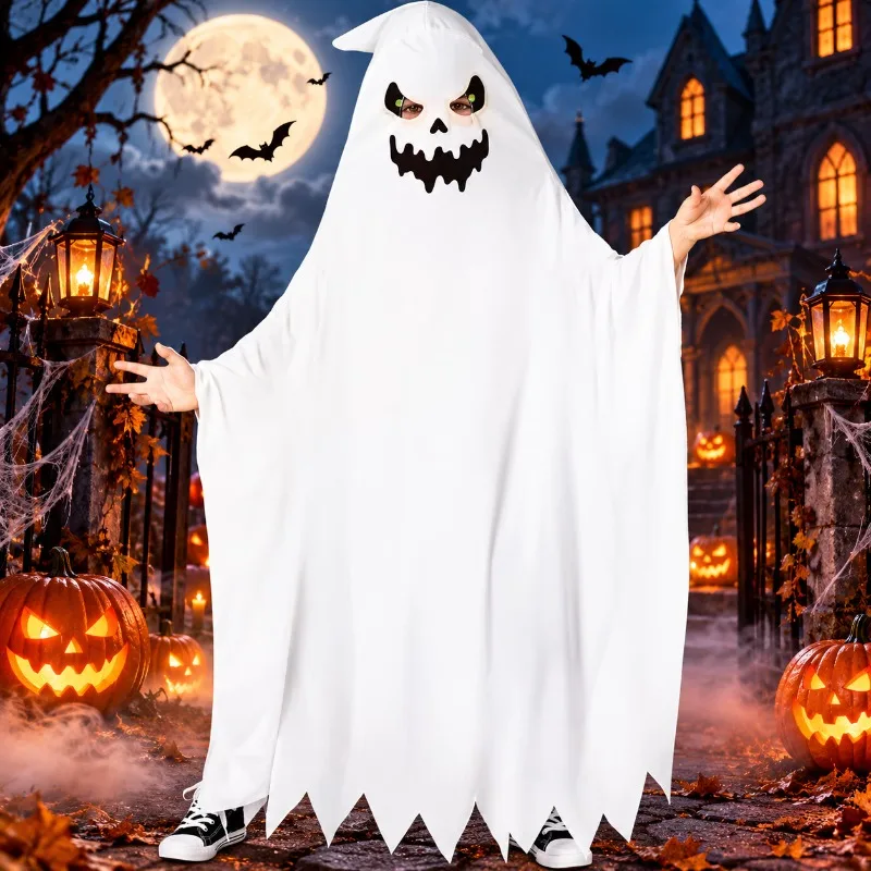 Halloween Ghost Costume White Hooded Cloak Scary Face Full Length Loose Fit Phantom Outfit for Party Cosplay Fancy Dress
