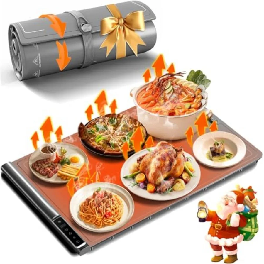 

Warming Mat for Food Max Temp 248℉Fast Full-Surface Food Warmer with 8-Level Adjustable and Timer Roll-Up and Portable Silicone