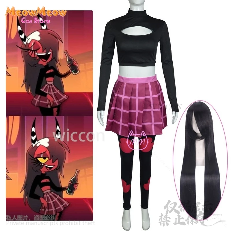 Anime Sallie Kan Cosplay Vrouwen Pruiken Kostuum Cartoon Helluva Cosplay Duivel Vermomming Tops Jurk Set Lolita Outfits Halloween Pakken