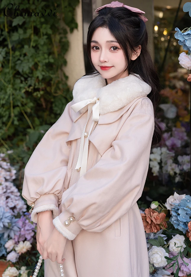 Original Jk Uniform Woolen Coat New Women's Autumn and Winter Sweet Girls College Style Fur Collar Mid-length Pink Wool Overcoat