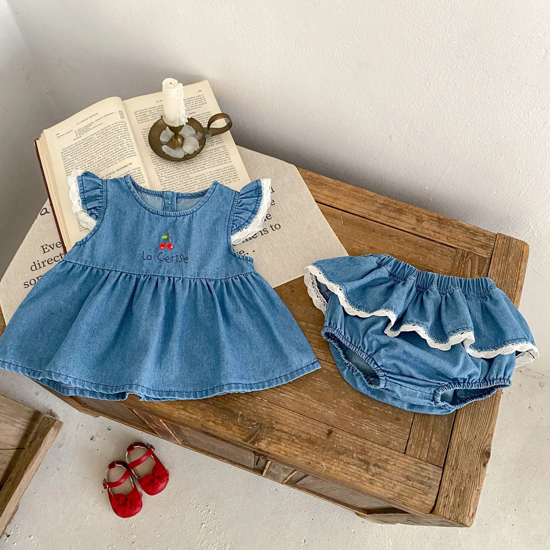 Baby Cowboy Pure Cotton Set 0-3 Year Old Female Baby Split Two Piece Set Cherry Embroidered Cowboy Clothes