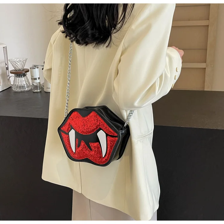 Funny big lip shape crossbody bag women's 2026 new fashion personality sequin chain shoulder bag