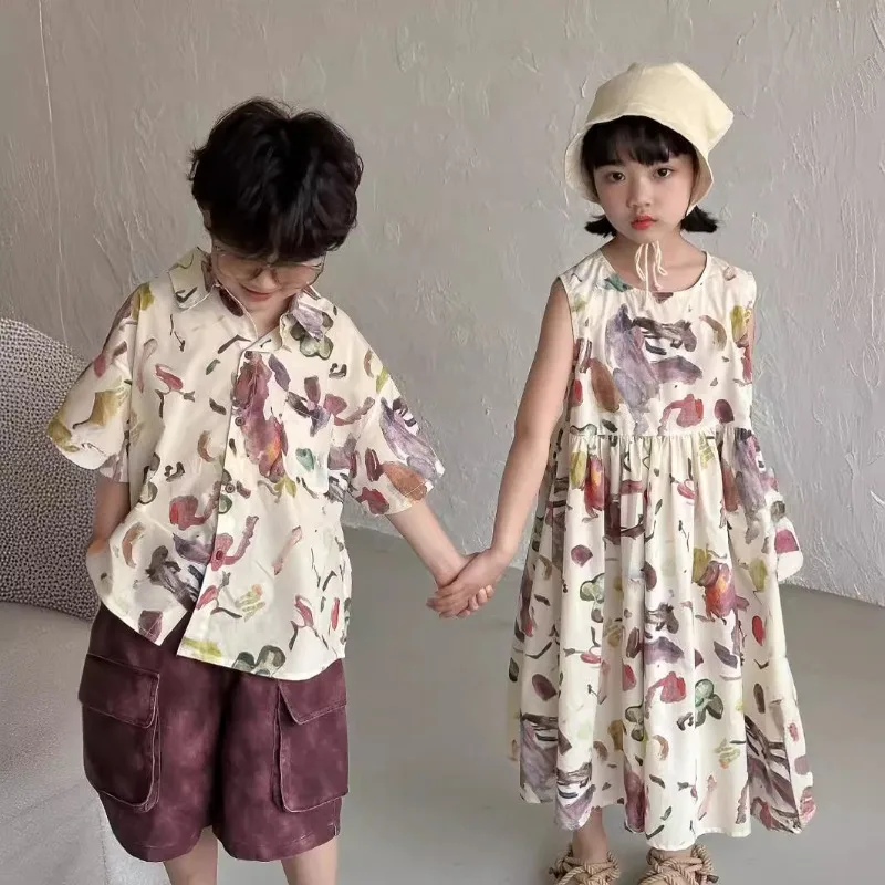 

Summer sibling clothing Girls Graffiti O-neck sleeveless long dress Boys half sleeve turn-down collar casual shirt 2-8Y