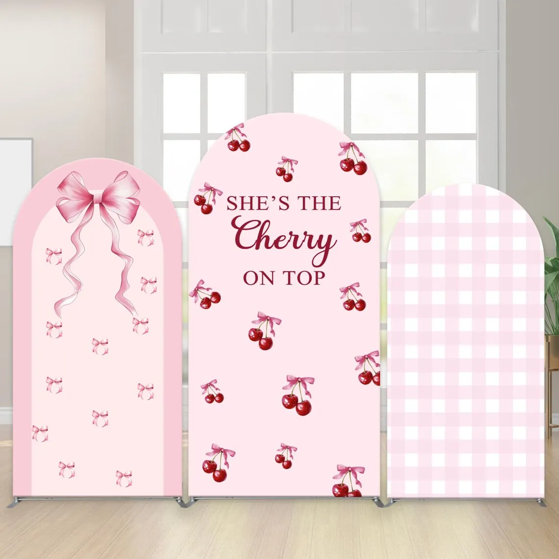 

LS Custom Chiara Arch 2-sided Backdrop She's the Cherry on top Birthday Party Background Pink Bow Girls Photo Booth Studio