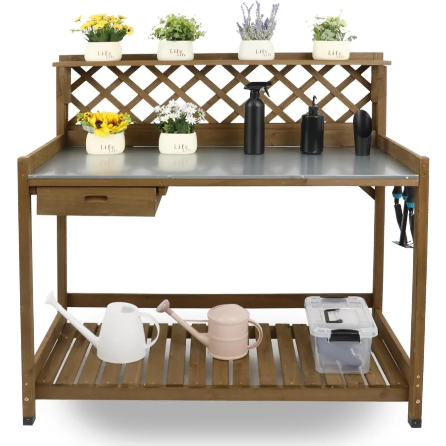 Garden Potting Benches and Tables, Outdoor Wooden Work Station W/Metal Table Top, Drawer, Large Bottom Shelf, Open Shelf Natura