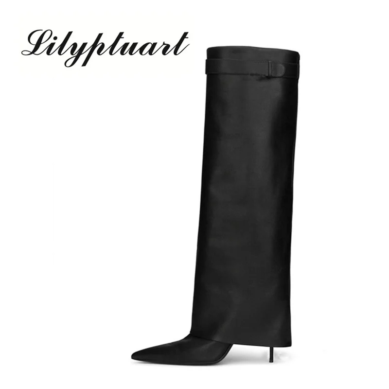 Autumn and Winter 2022 New High-quality Leather Fashion High Heel Women\'s Shoes Black Large 34-43 Sexy Pointy Pants Woman Boots