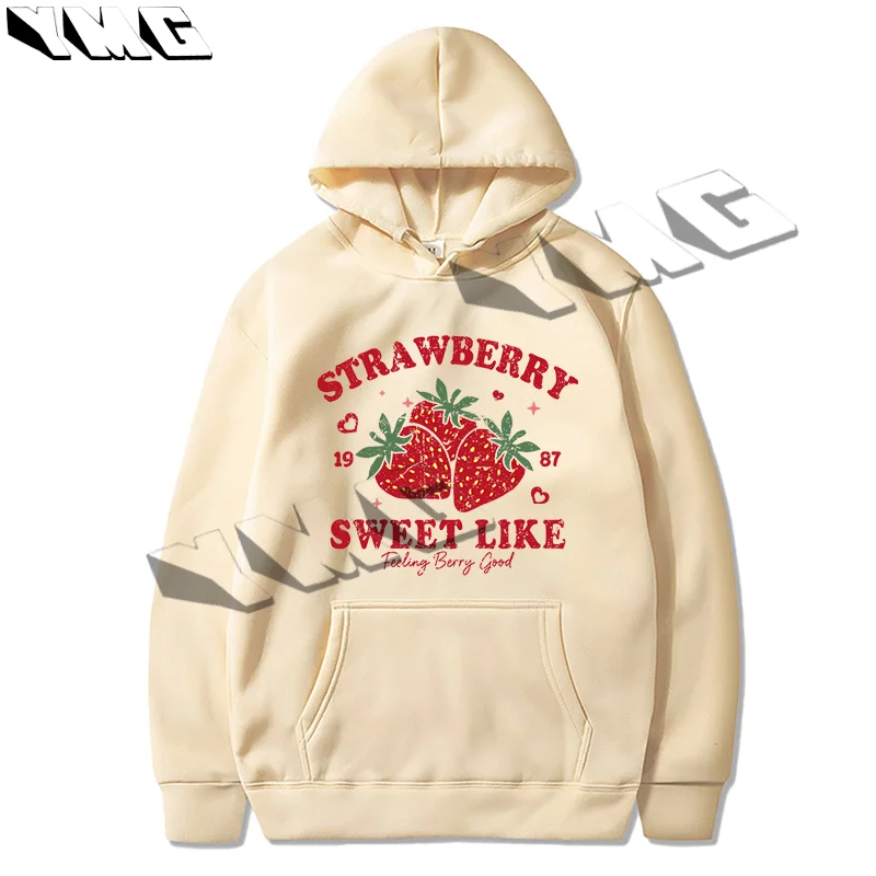 Y2K Cute Style Strawberry Letter Printed Women's Thick Cotton Sports Hoodie Sportswear Strawberry Color Loose Casual Hoodie EMO