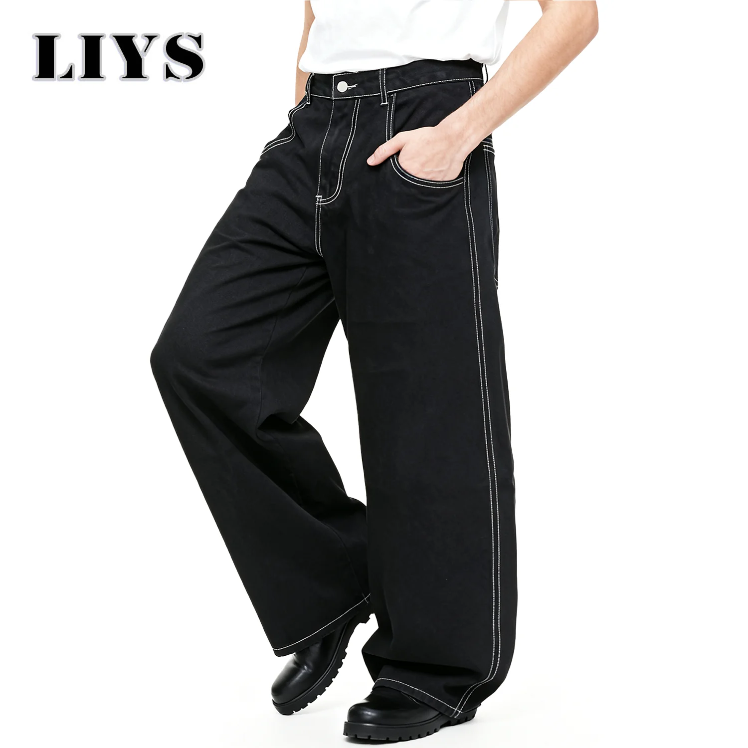 الخريف الرجال الرجعية الأسود فضفاض واسعة الساق الجينز الأمريكية الأساسية للجنسين فضفاض اليومية عارضة الدنيم السراويل النسائية الجينز الأسود مكدسة #4