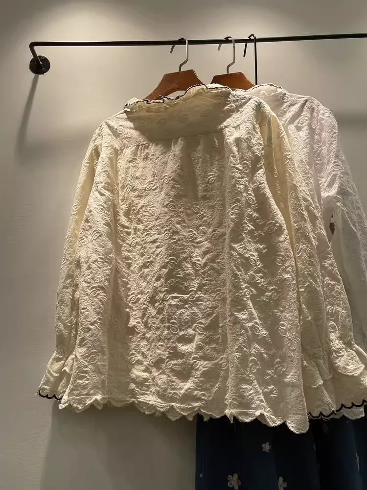2025 elegancka koszula damska boho szykowne ubrania mori kei modny koronkowy haft białe beżowe koszule i bluzki odzież boho