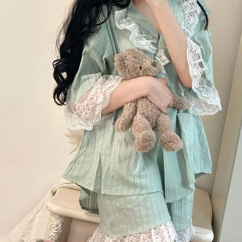 Summer Pajama Sets Women Turn Down Collar Single Breasted Lace Decoration Half Sleeve Thin Japan Style Sweet Thin Cozy Slim