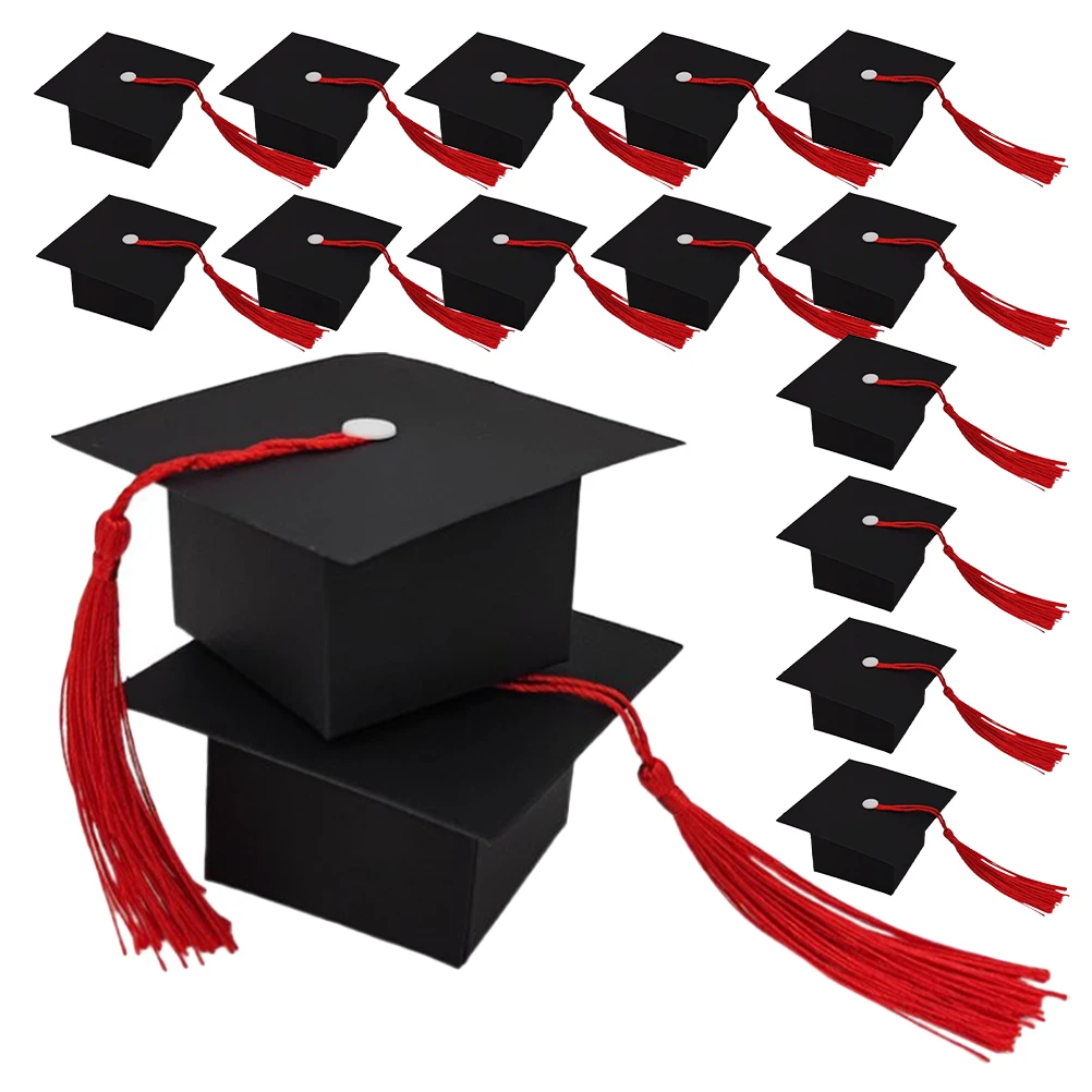 

50pcs Candy Box Graduation Party Favor Black Red Tassel Cap Shape Keepsake Student Celebration Decorations Packaging
