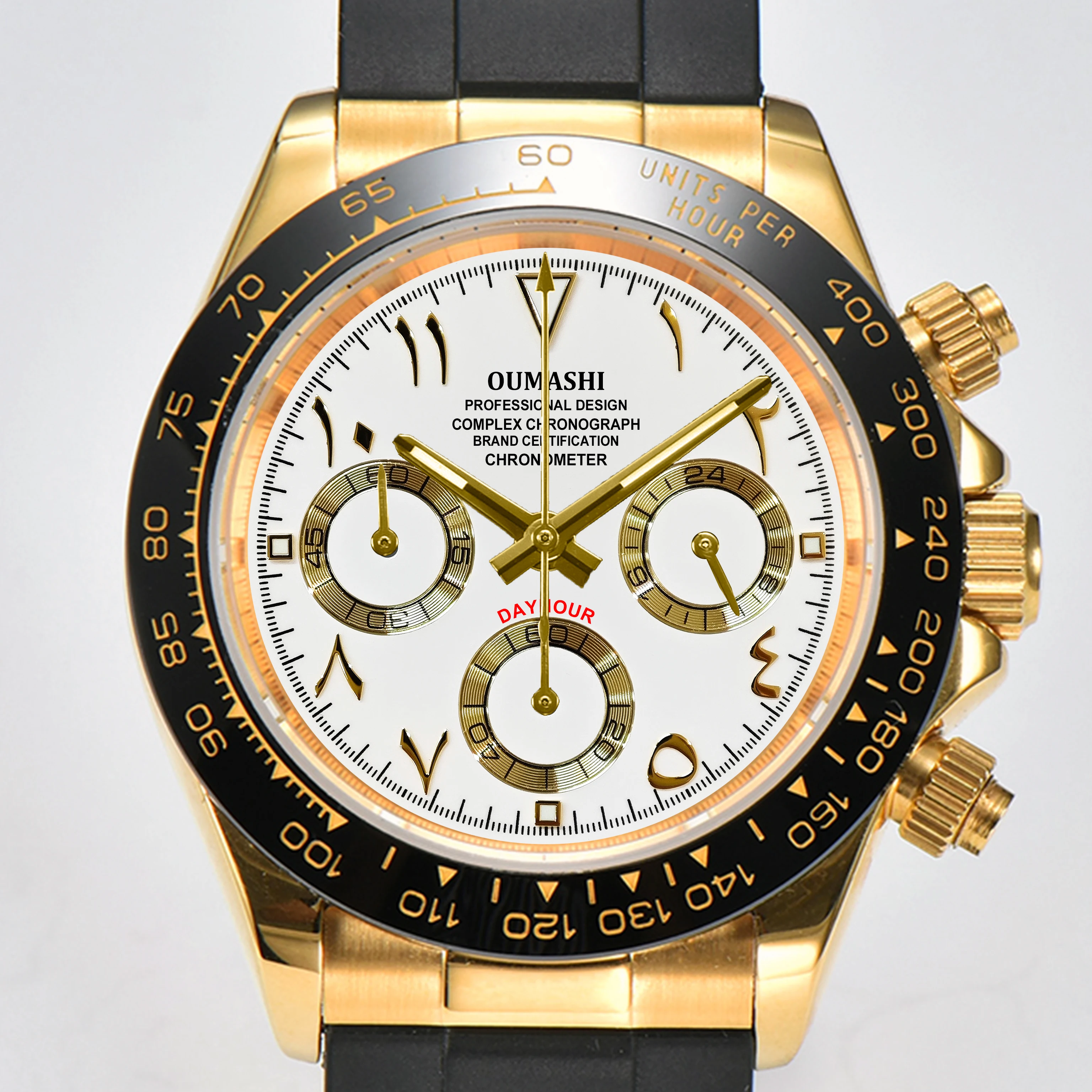OUMASHI 42 mm goldene Herren-Chronographenuhr mit arabischen Ziffern, VK63, Quarzwerk, C3, leuchtendes, wasserdichtes Saphirglas 9